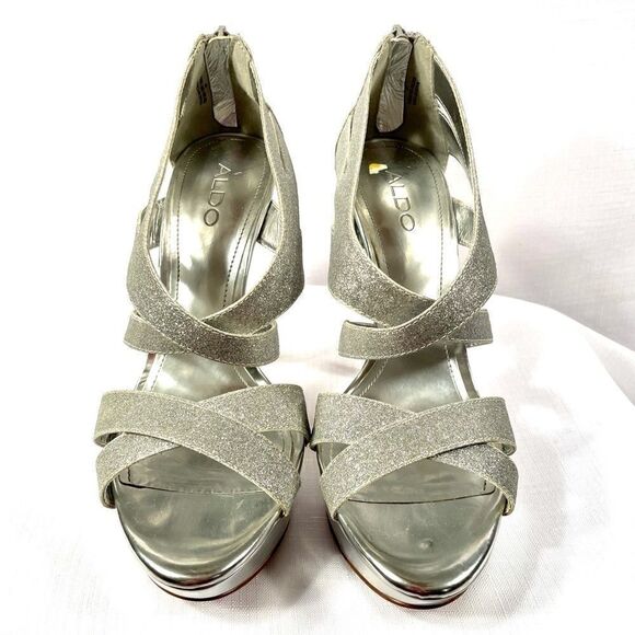 SILVER GLITTER PLATFORM SANDALS by ALDO 5” HEEL 8 - Picture 3 of 6